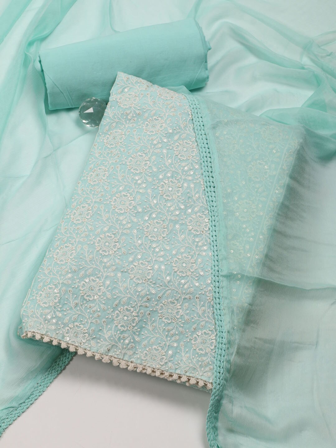 

Meena Bazaar Embroidered Art Silk Unstitched Dress Material, Sea green