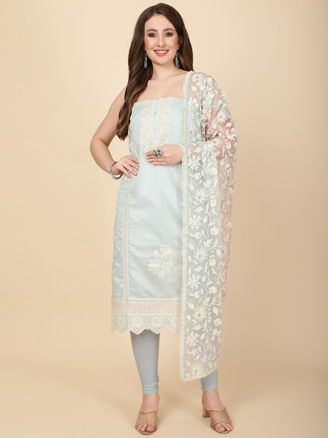 

Meena Bazaar Embroidered Art Silk Unstitched Dress Material, Blue