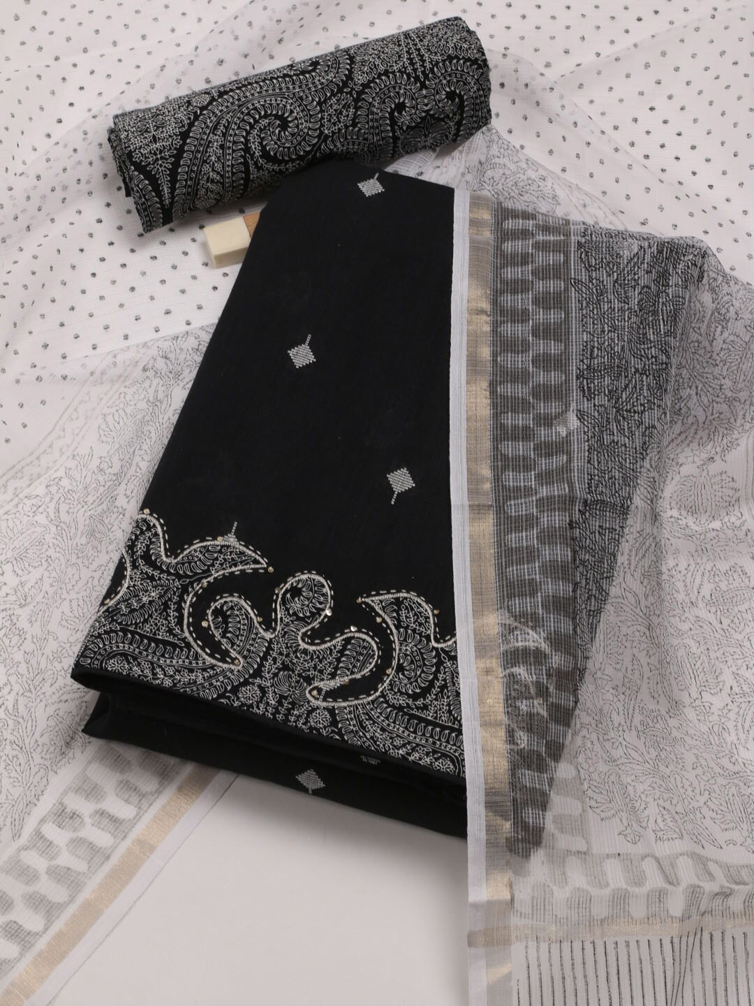 

Meena Bazaar Floral Embroidered Unstitched Dress Material, Black