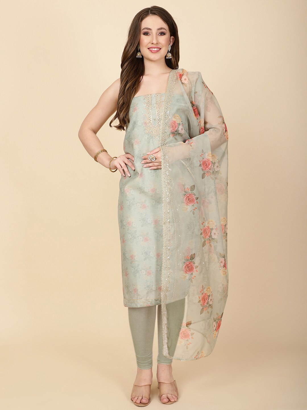 

Meena Bazaar Floral Printed Unstitched Dress Material, Green