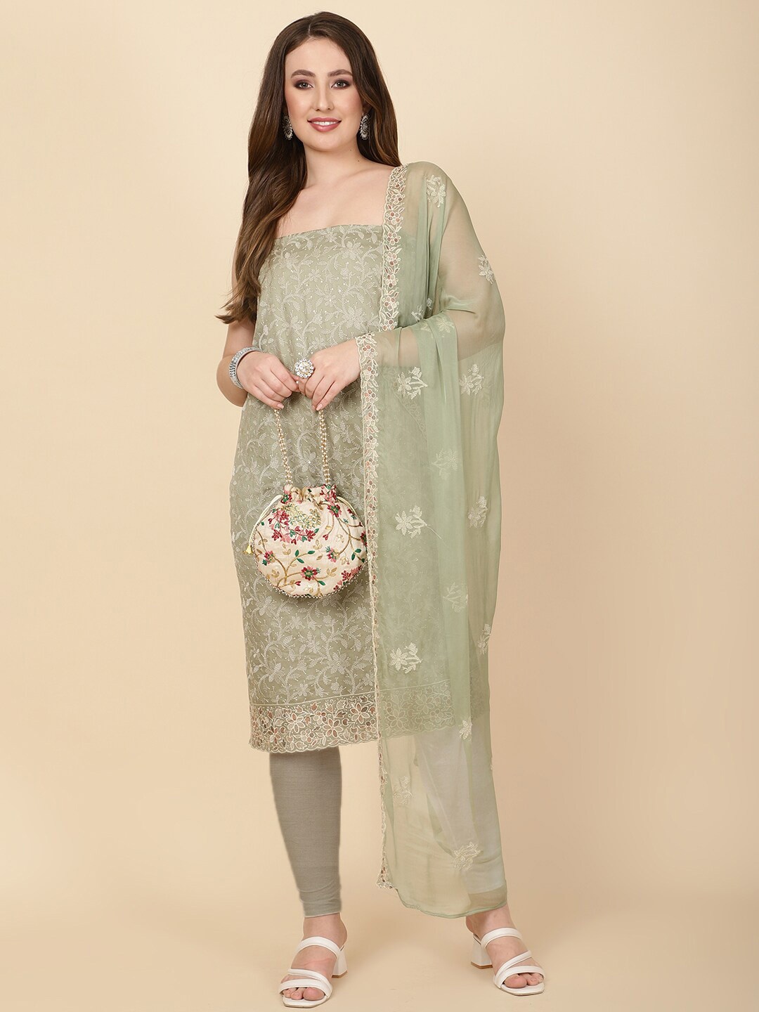 

Meena Bazaar Floral Embroidered Sequinned Unstitched Dress Material, Green