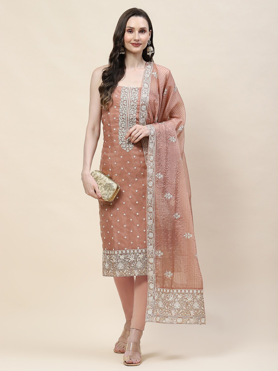 

Meena Bazaar Embroidered Organza Unstitched Dress Material, Brown