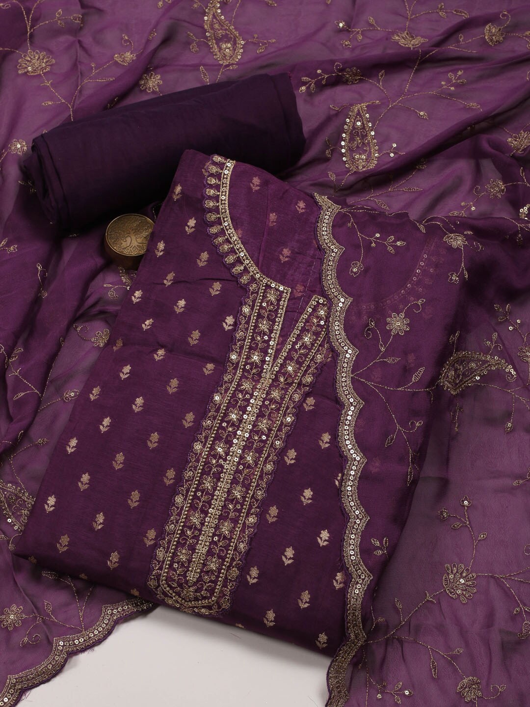 

Meena Bazaar Paisley Woven Design Sequinned Unstitched Dress Material, Purple