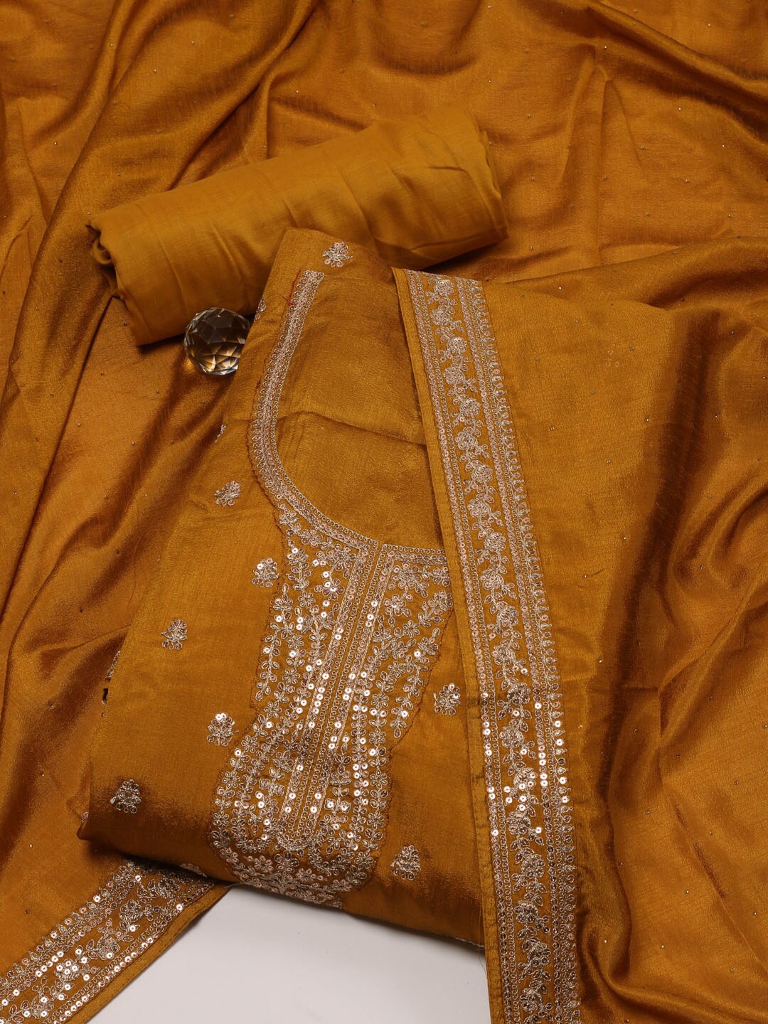 

Meena Bazaar Embroidered Unstitched Dress Material, Mustard