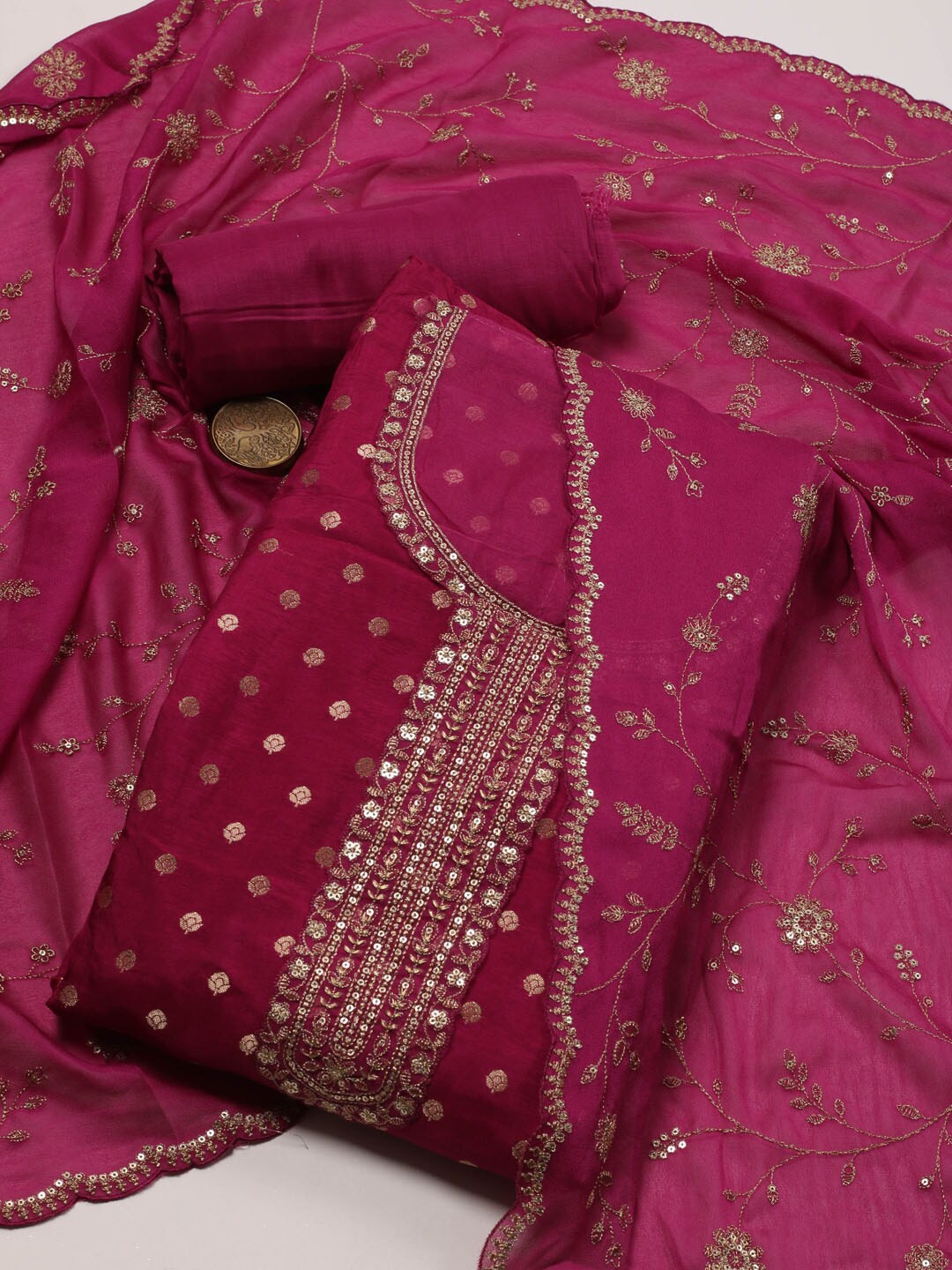 

Meena Bazaar Embroidered Art Silk Unstitched Dress Material, Magenta