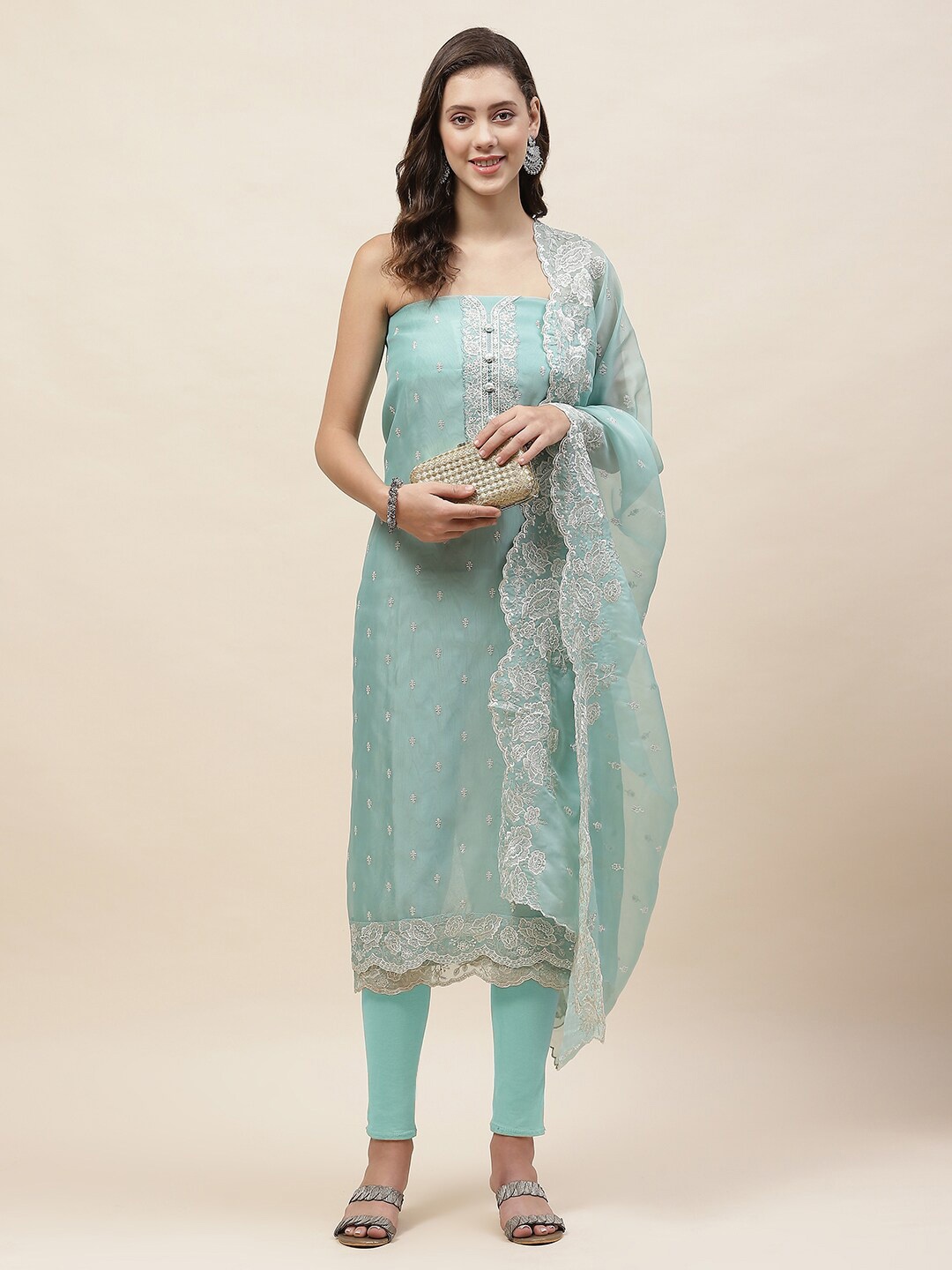 

Meena Bazaar Embroidered Organza Unstitched Dress Material, Sea green