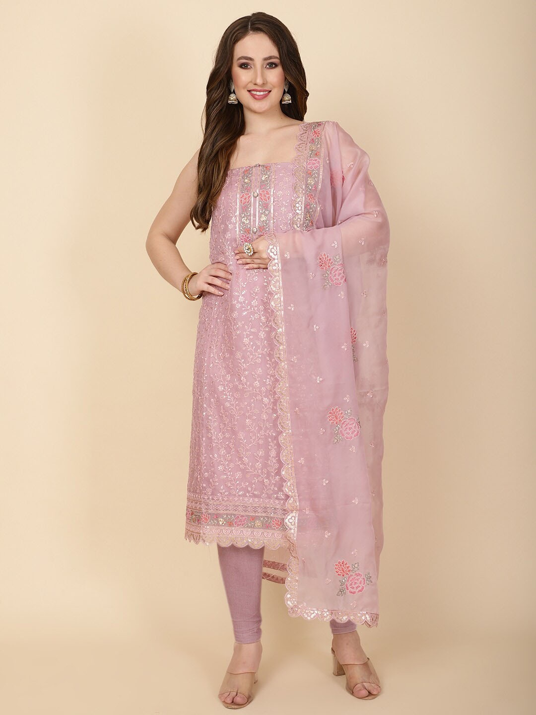 

Meena Bazaar Floral Embroidered Organza Unstitched Dress Material, Pink