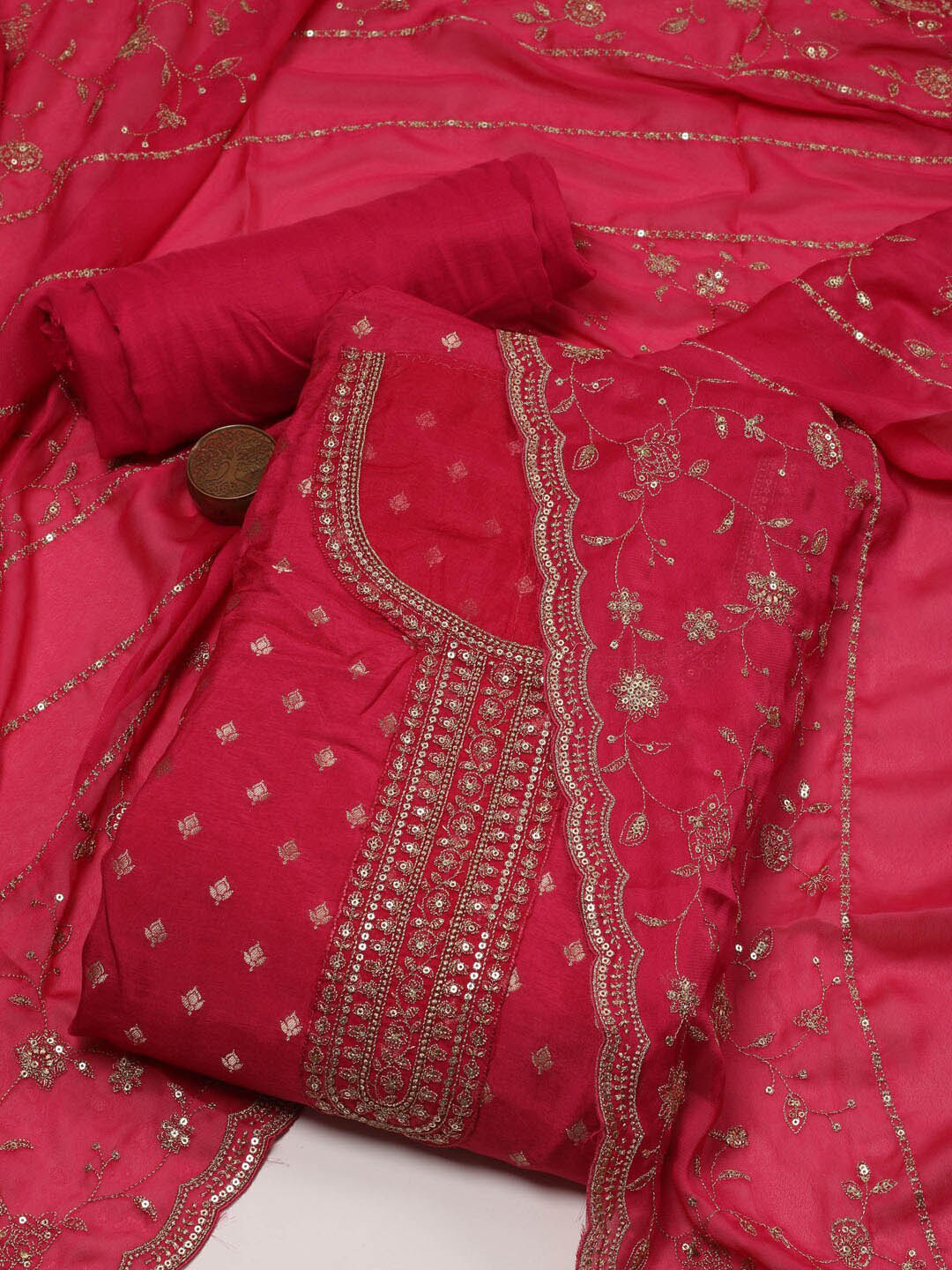 

Meena Bazaar Floral Sequinned Woven Design Unstitched Dress Material, Pink