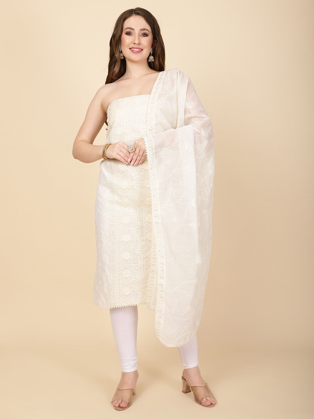 

Meena Bazaar Embroidered Art Silk Unstitched Dress Material, Cream