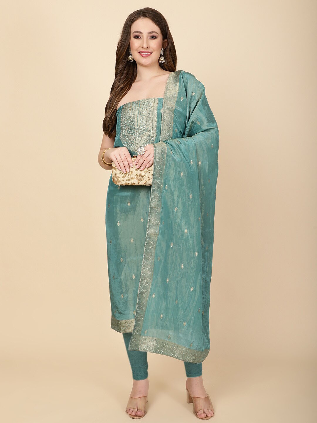 

Meena Bazaar Art Silk Unstitched Dress Material, Blue