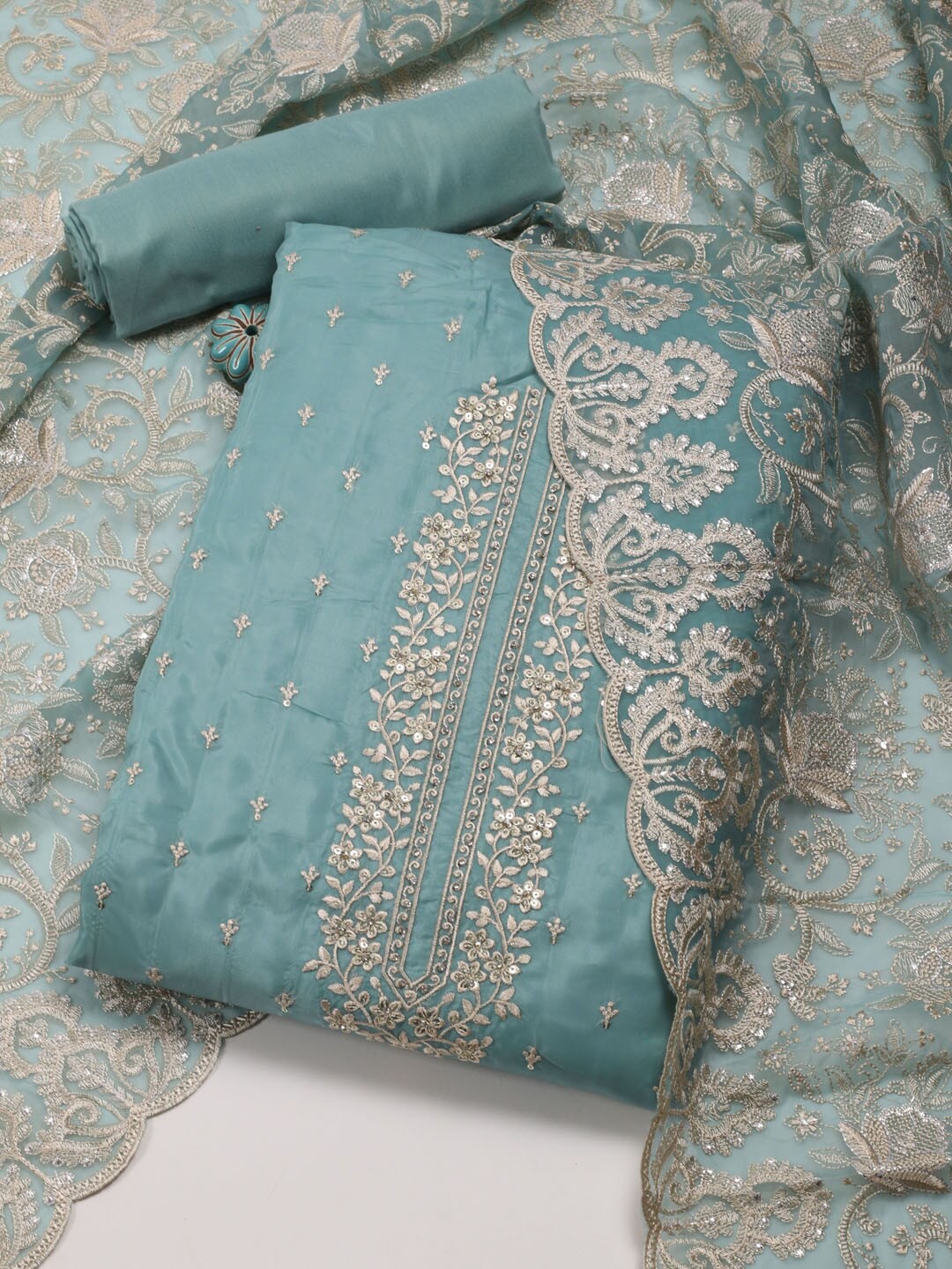 

Meena Bazaar Embroidered Organza Unstitched Dress Material, Sea green