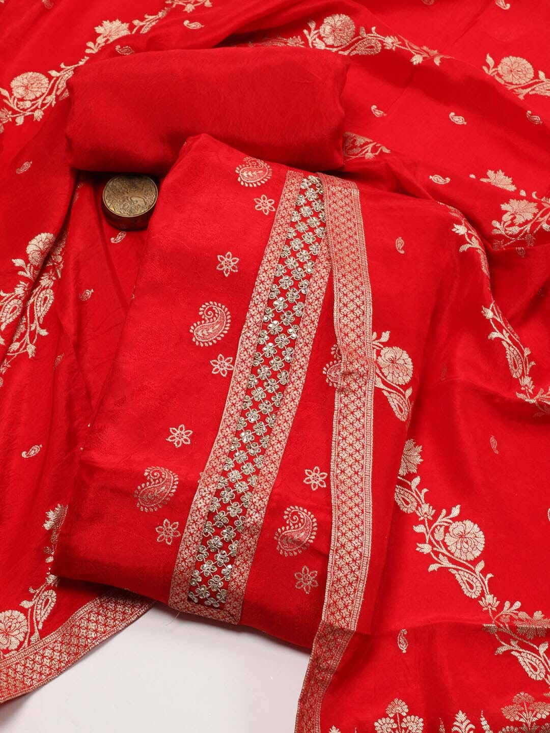 

Meena Bazaar Woven Design Unstitched Dress Material, Red