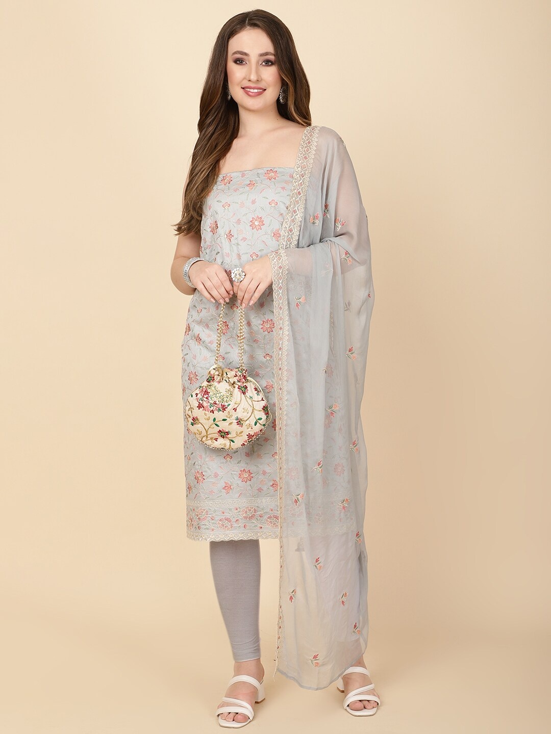 

Meena Bazaar Embroidered Unstitched Dress Material, Grey