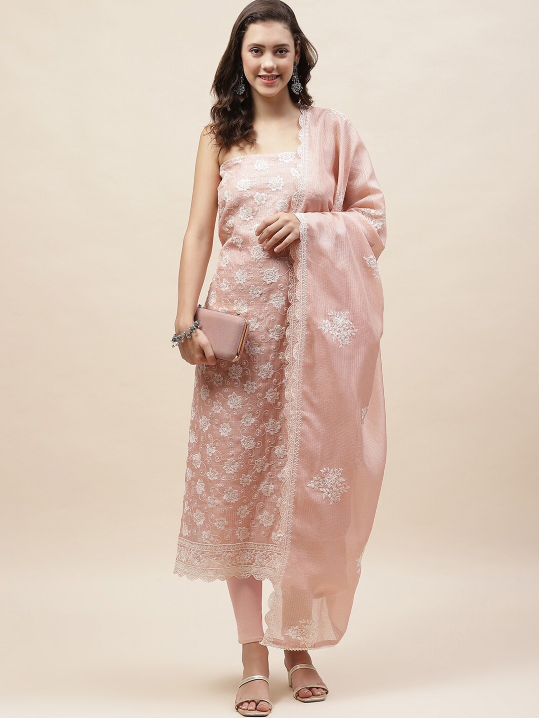 

Meena Bazaar Floral Embroidered Unstitched Dress Material, Peach