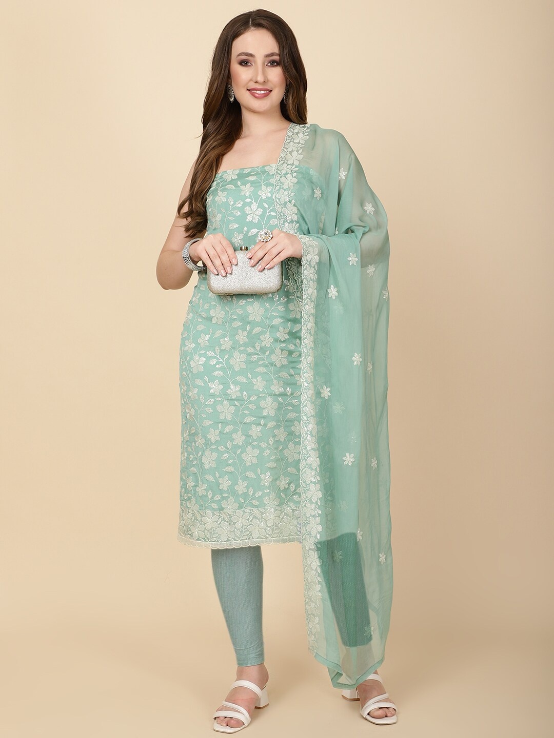 

Meena Bazaar Embroidered Art Silk Unstitched Dress Material, Sea green