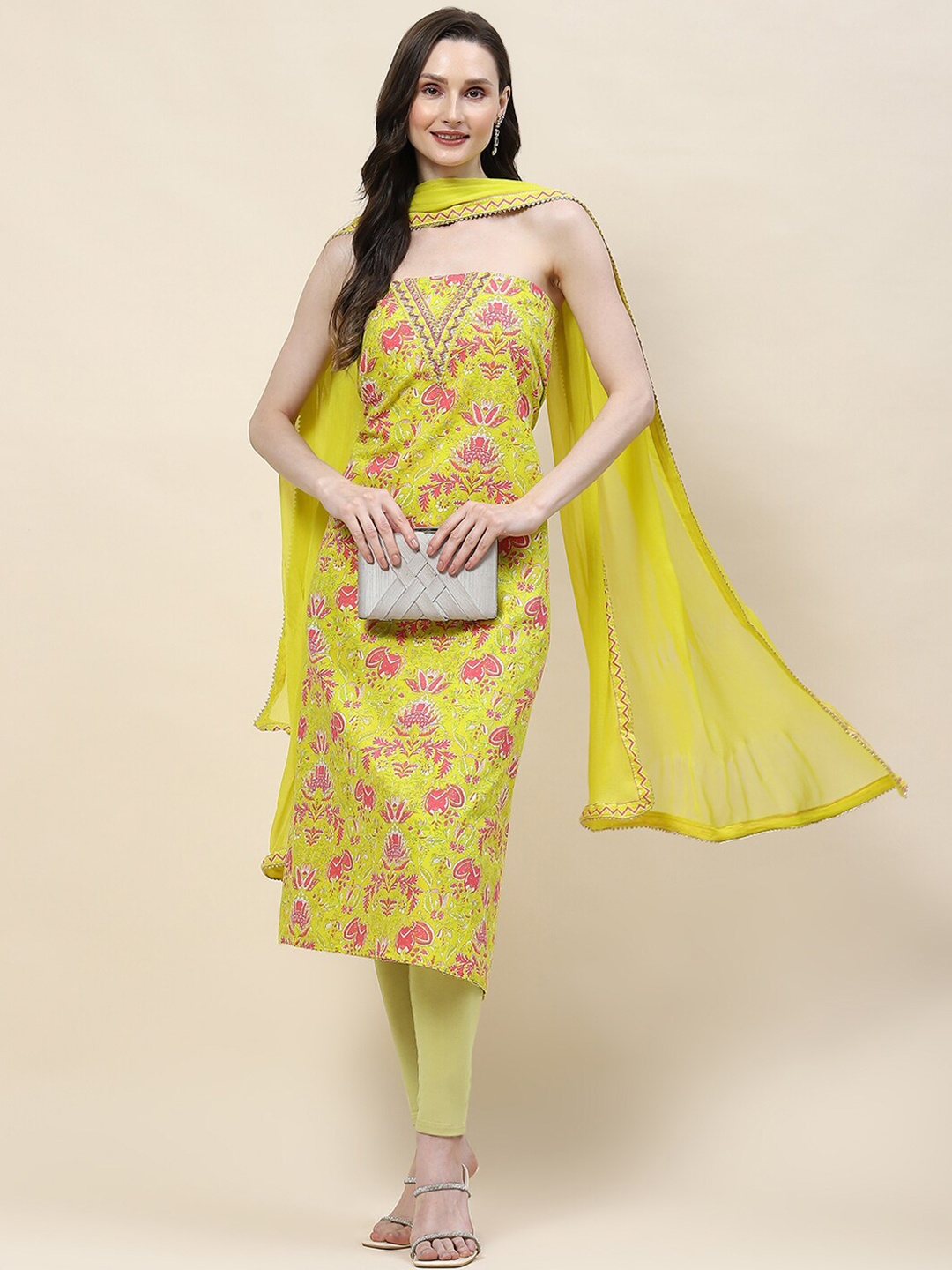 

Meena Bazaar Floral Printed Unstitched Dress Material, Yellow