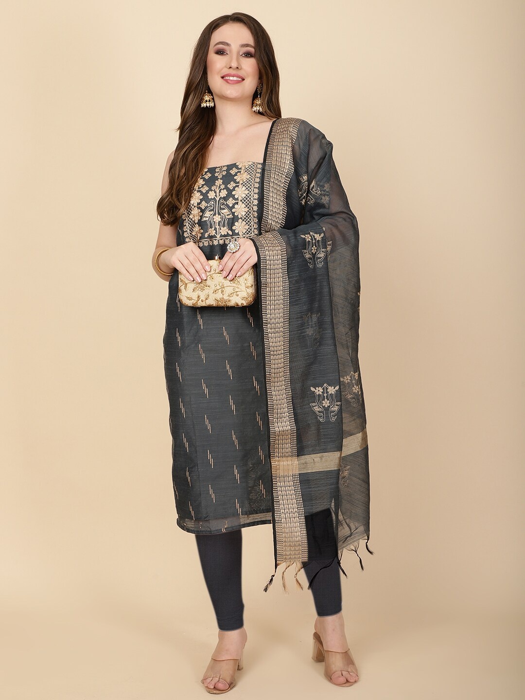 

Meena Bazaar Unstitched Dress Material, Grey