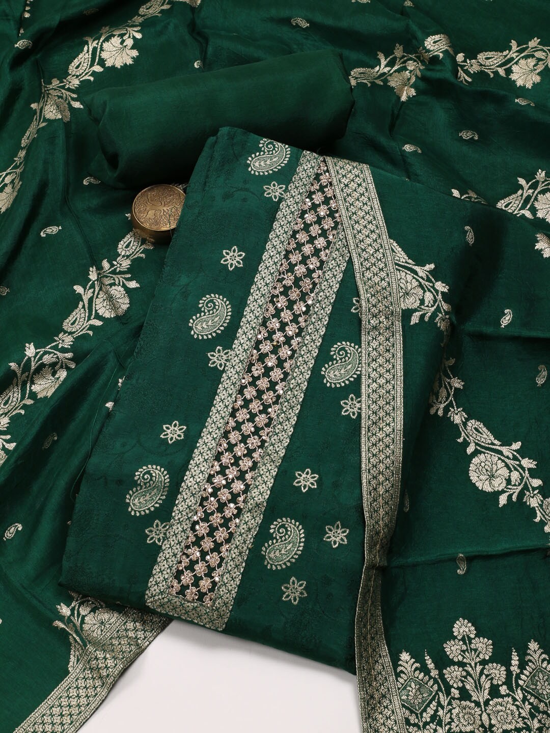 

Meena Bazaar Floral Woven Design Zari Unstitched Dress Material, Green
