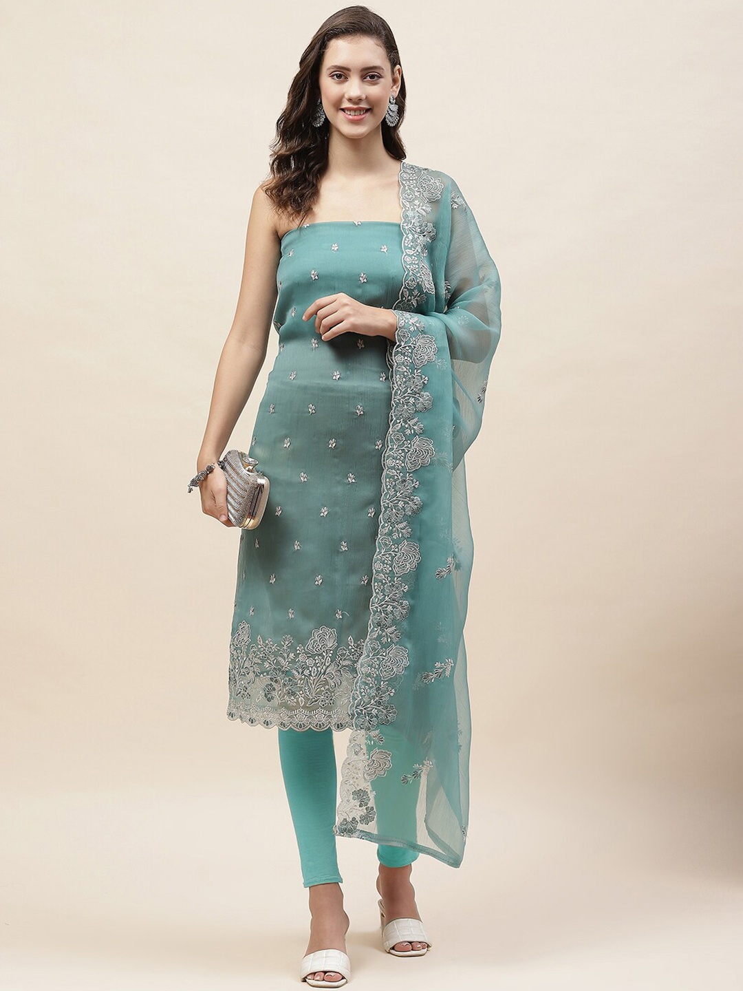 

Meena Bazaar Embroidered Organza Unstitched Dress Material, Sea green