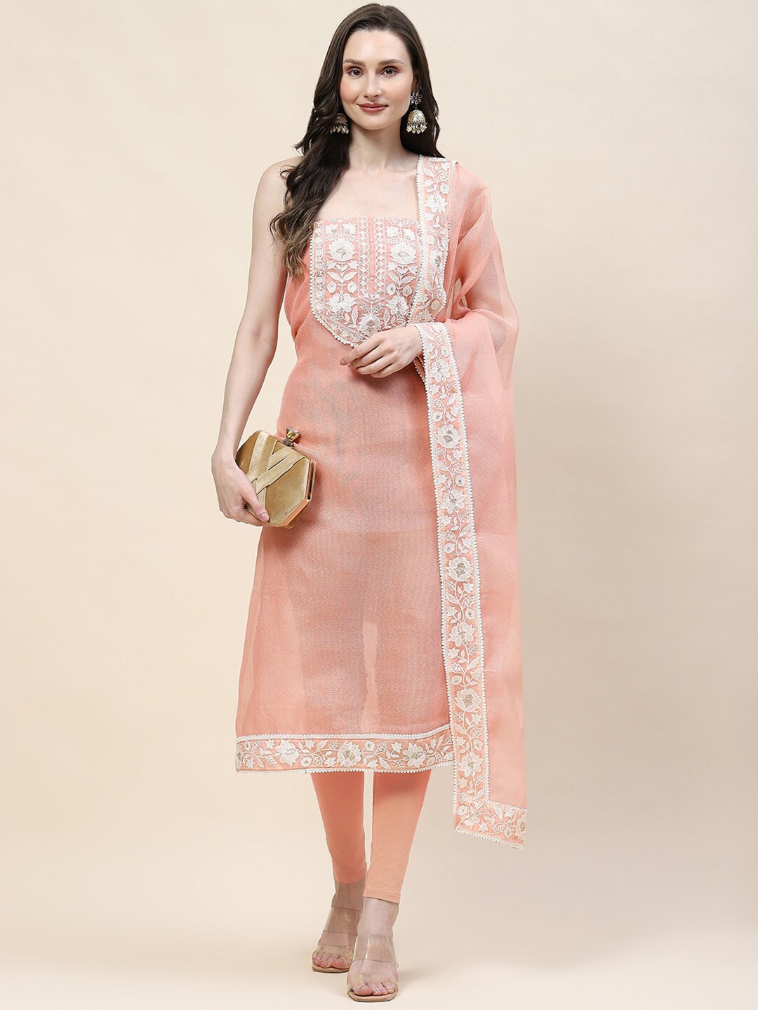 

Meena Bazaar Floral Embroidered Gotta Patti Cotton Unstitched Dress Material, Peach