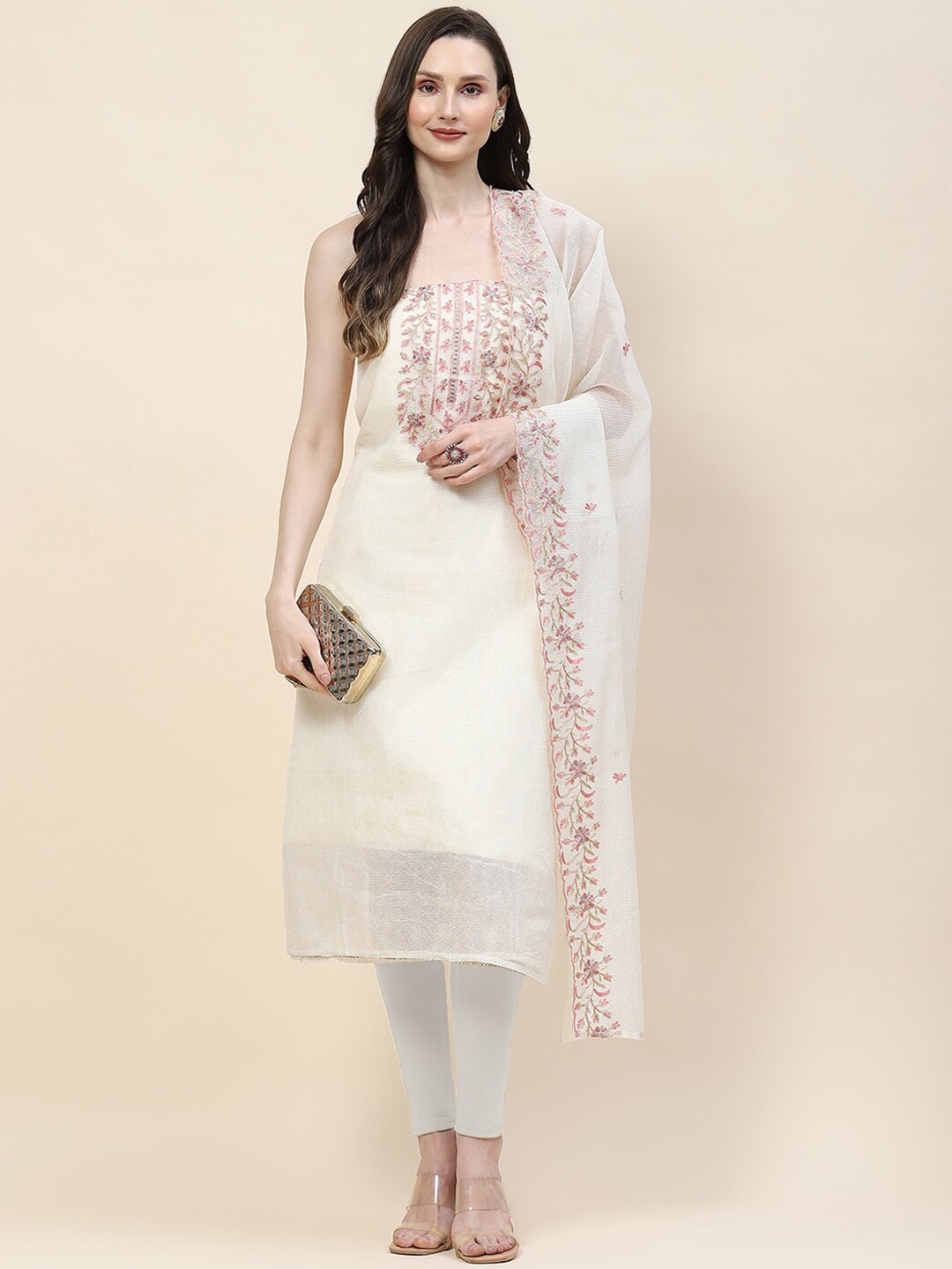 

Meena Bazaar Embroidered Unstitched Dress Material, Cream