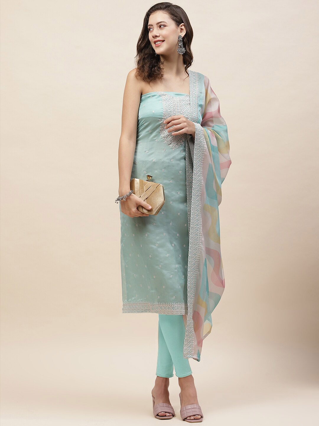 

Meena Bazaar Embroidered Organza Unstitched Dress Material, Sea green