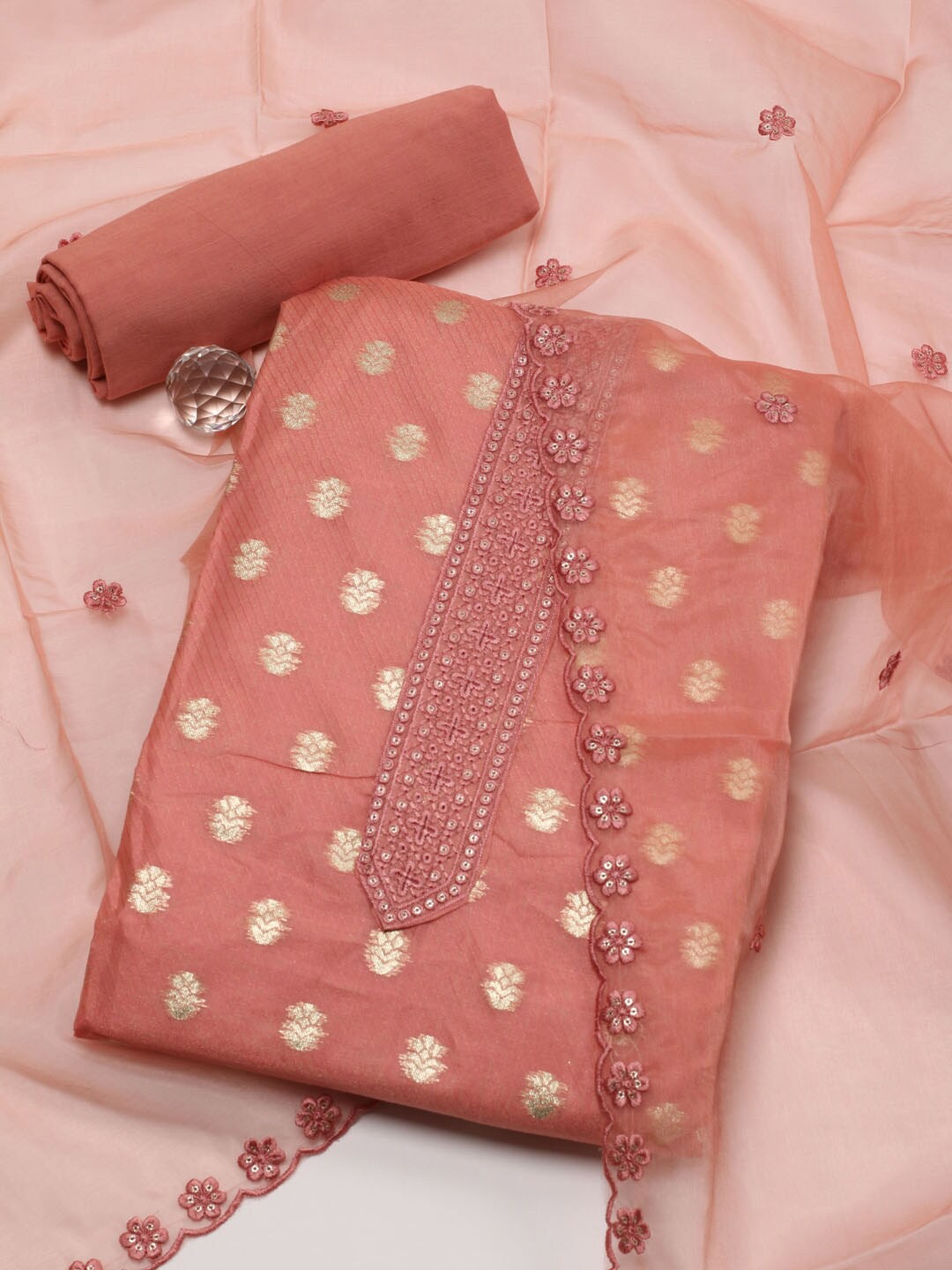 

Meena Bazaar Floral Woven Design Zari Unstitched Dress Material, Peach