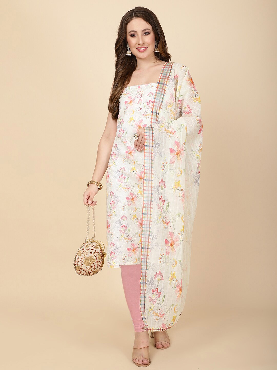 

Meena Bazaar Floral Printed Unstitched Dress Material, Cream