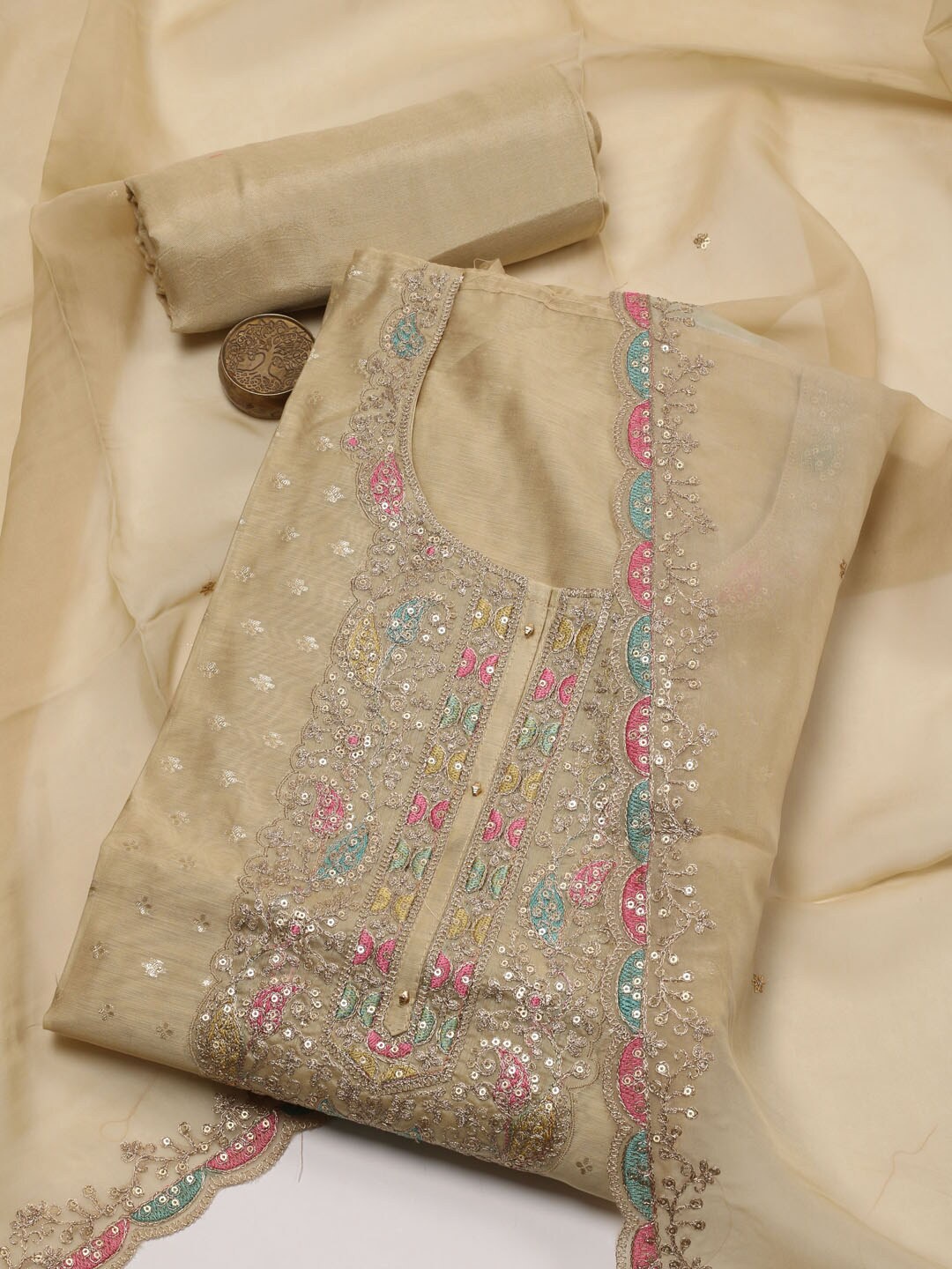 

Meena Bazaar Woven Design Unstitched Dress Material, Beige