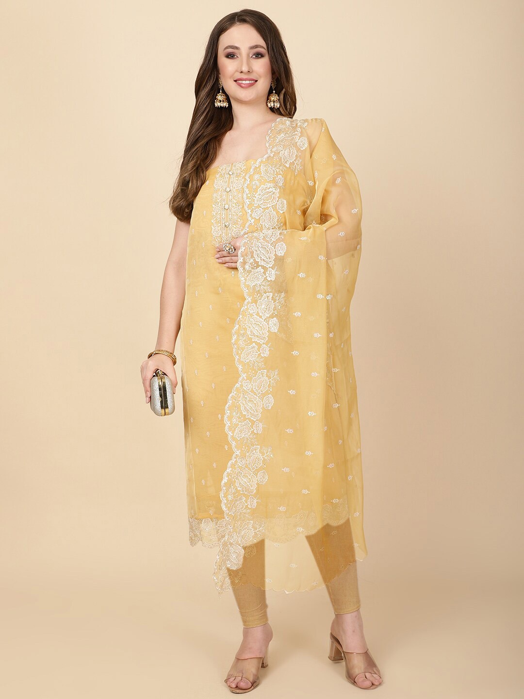 

Meena Bazaar Embroidered Organza Unstitched Dress Material, Yellow