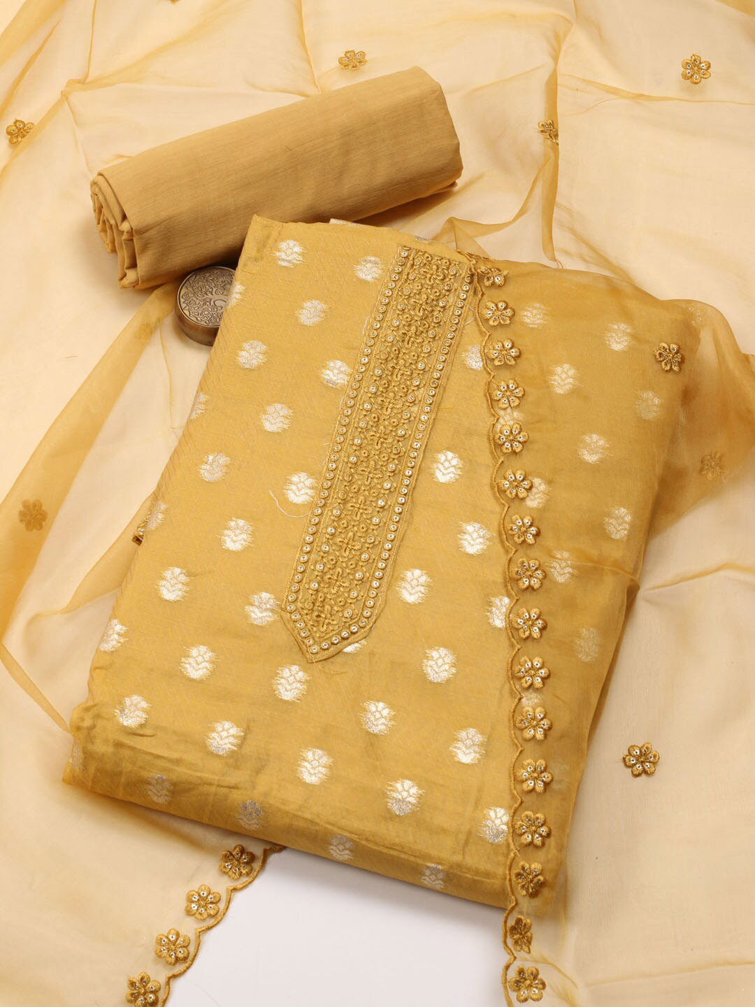 

Meena Bazaar Ethnic Motifs Woven Design Zari Unstitched Dress Material, Mustard