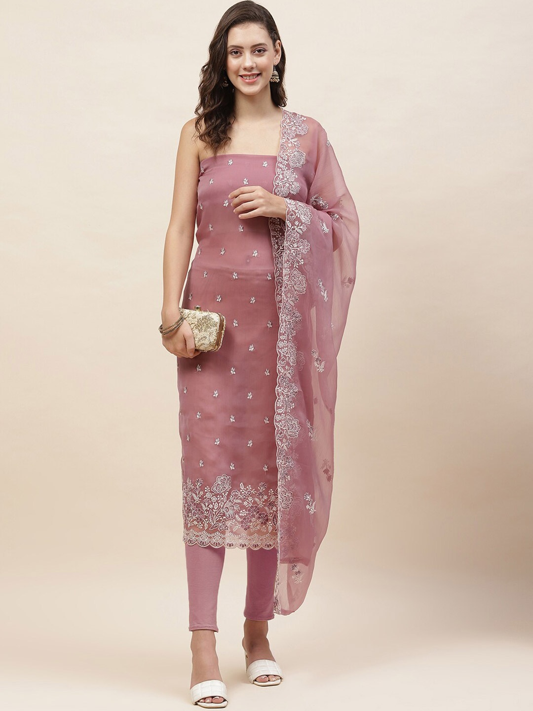 

Meena Bazaar Embroidered Organza Unstitched Dress Material, Pink