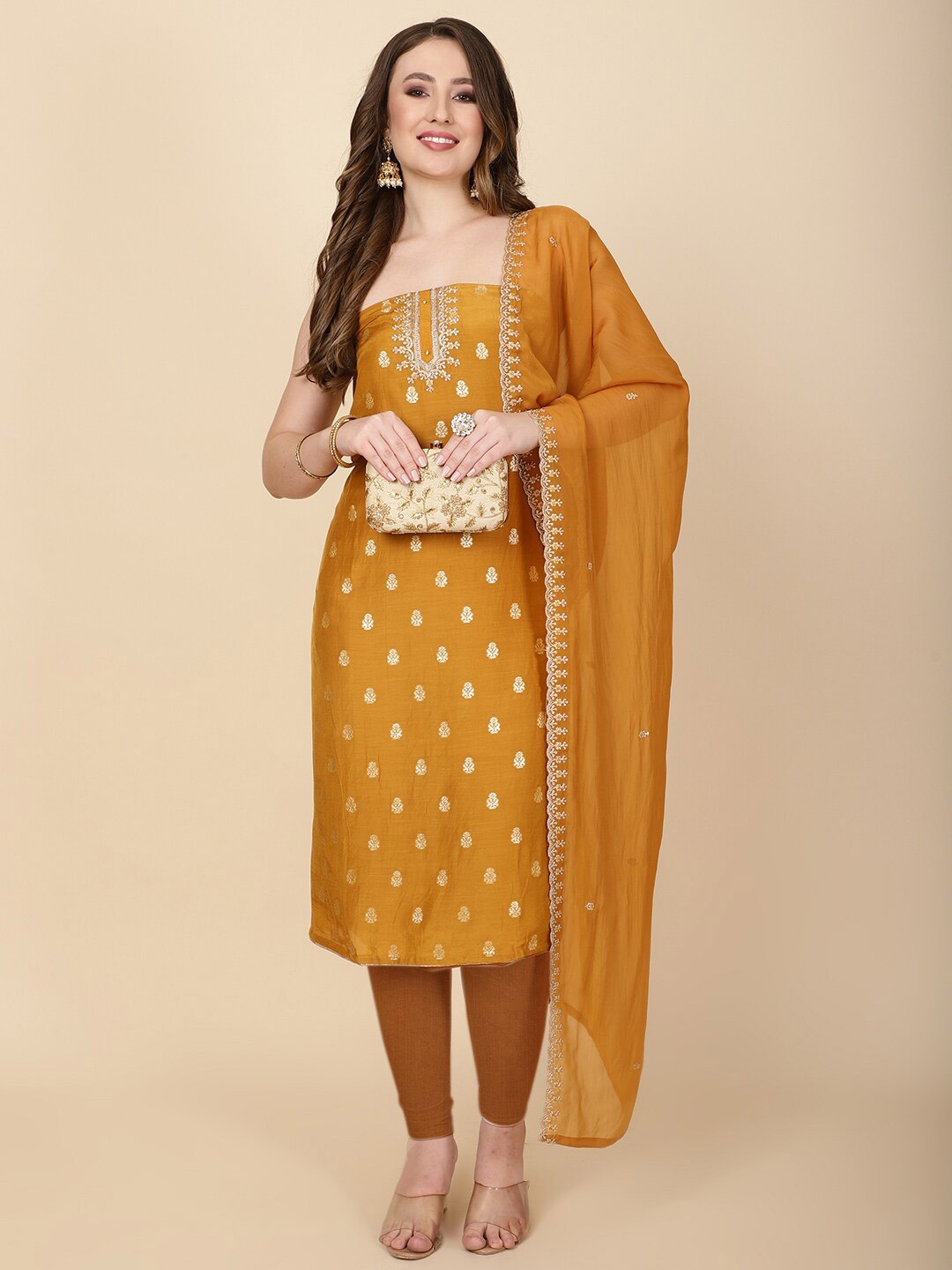 

Meena Bazaar Art Silk Unstitched Dress Material, Mustard