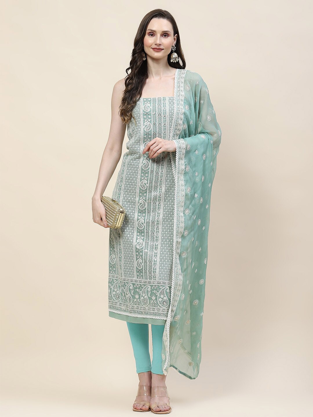 

Meena Bazaar Floral Embroidered Unstitched Dress Material, Green