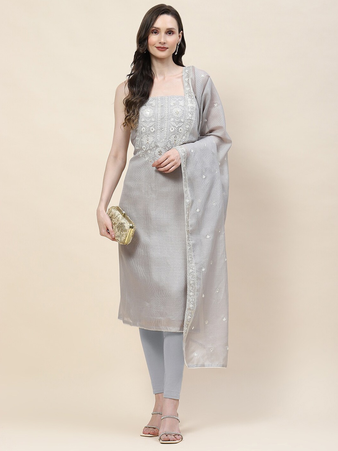 

Meena Bazaar Embroidered Unstitched Dress Material, Grey