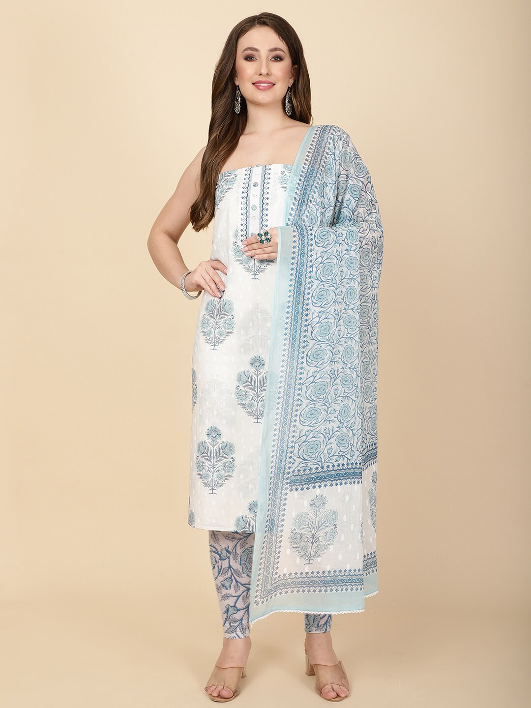 

Meena Bazaar Printed Unstitched Dress Material, Cream