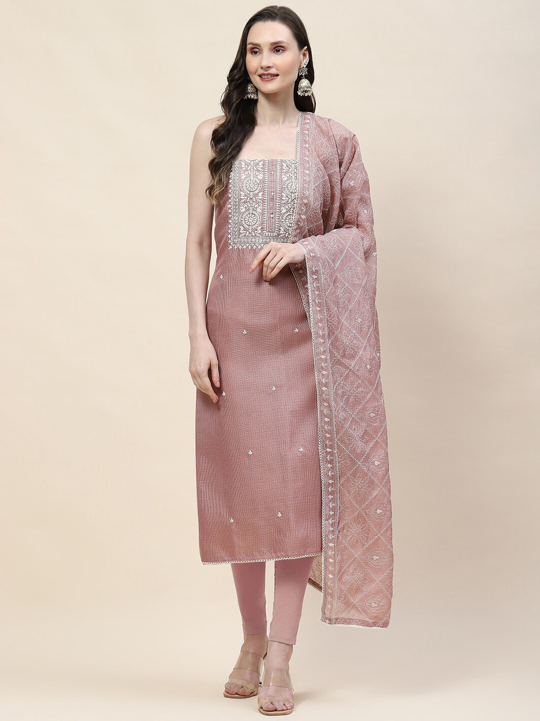 

Meena Bazaar Floral Embroidered Unstitched Dress Material, Pink