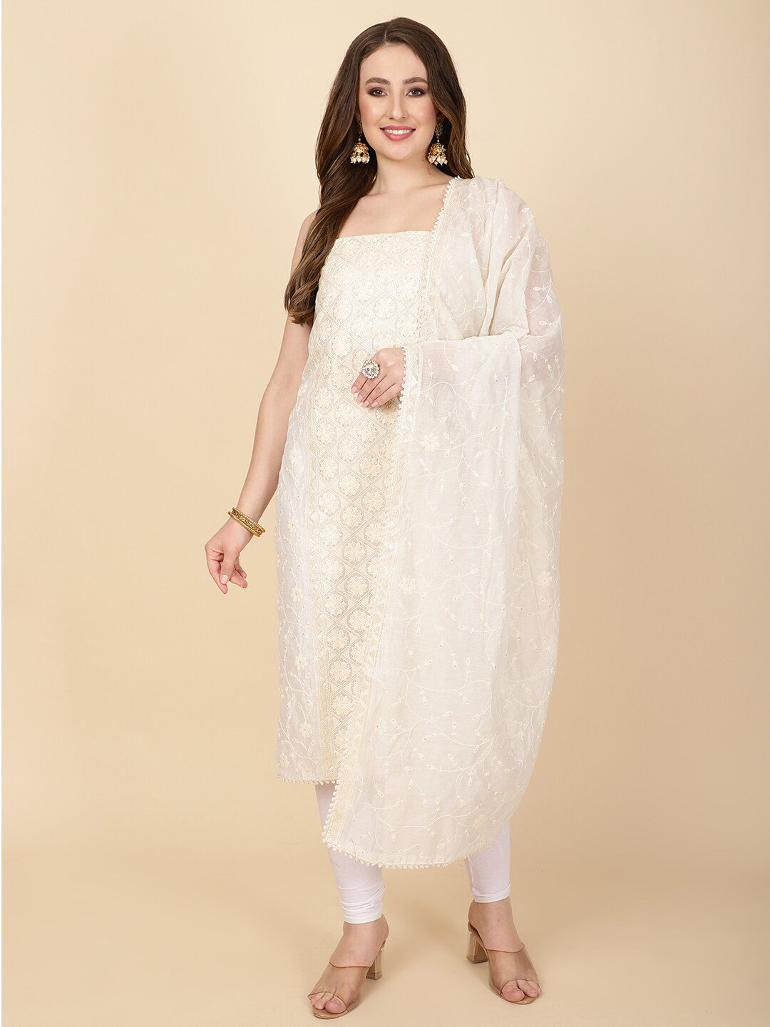 

Meena Bazaar Embroidered Art Silk Unstitched Dress Material, Cream