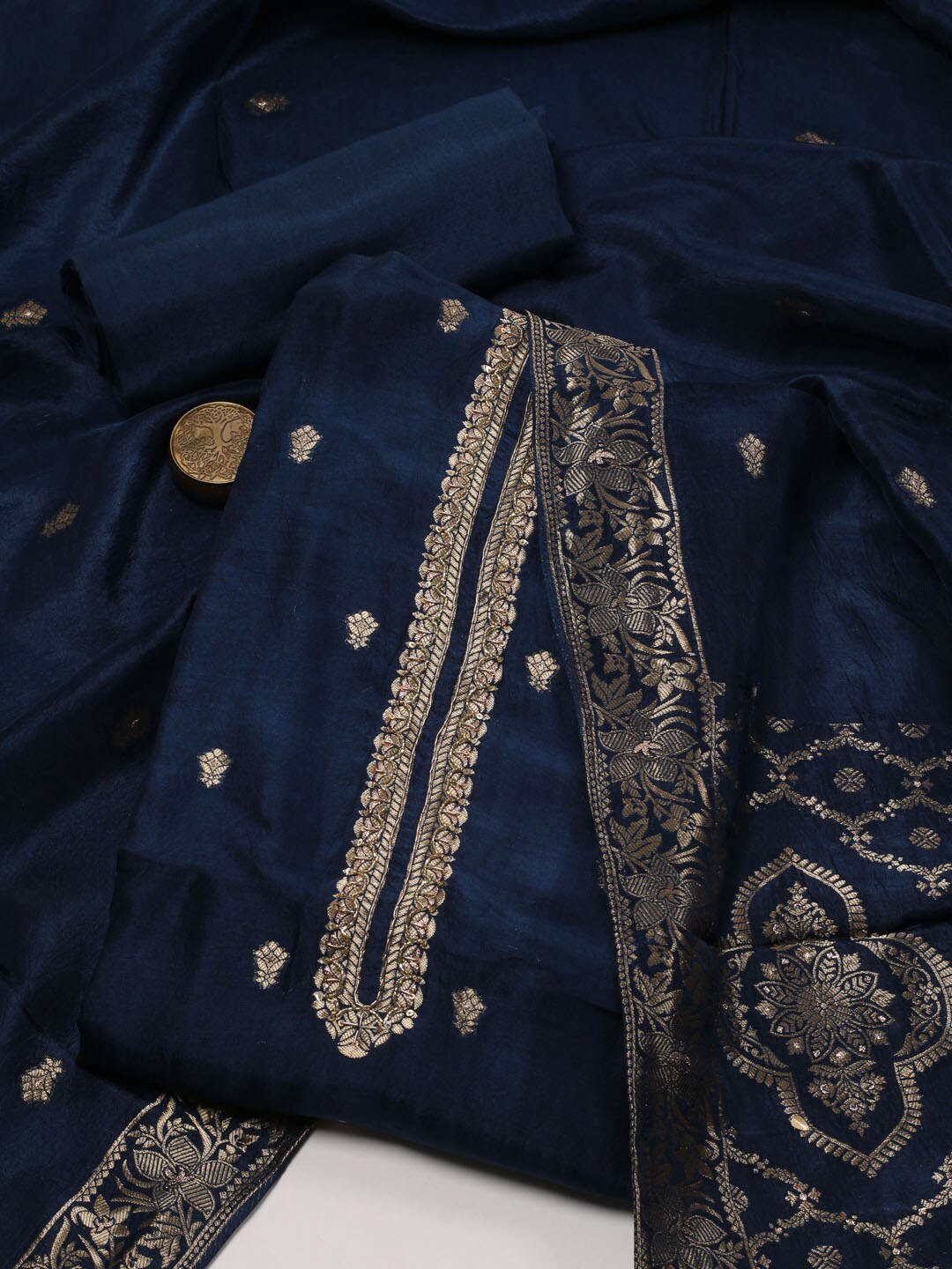 

Meena Bazaar Ethnic Motifs Woven Design Zari Unstitched Dress Material, Blue