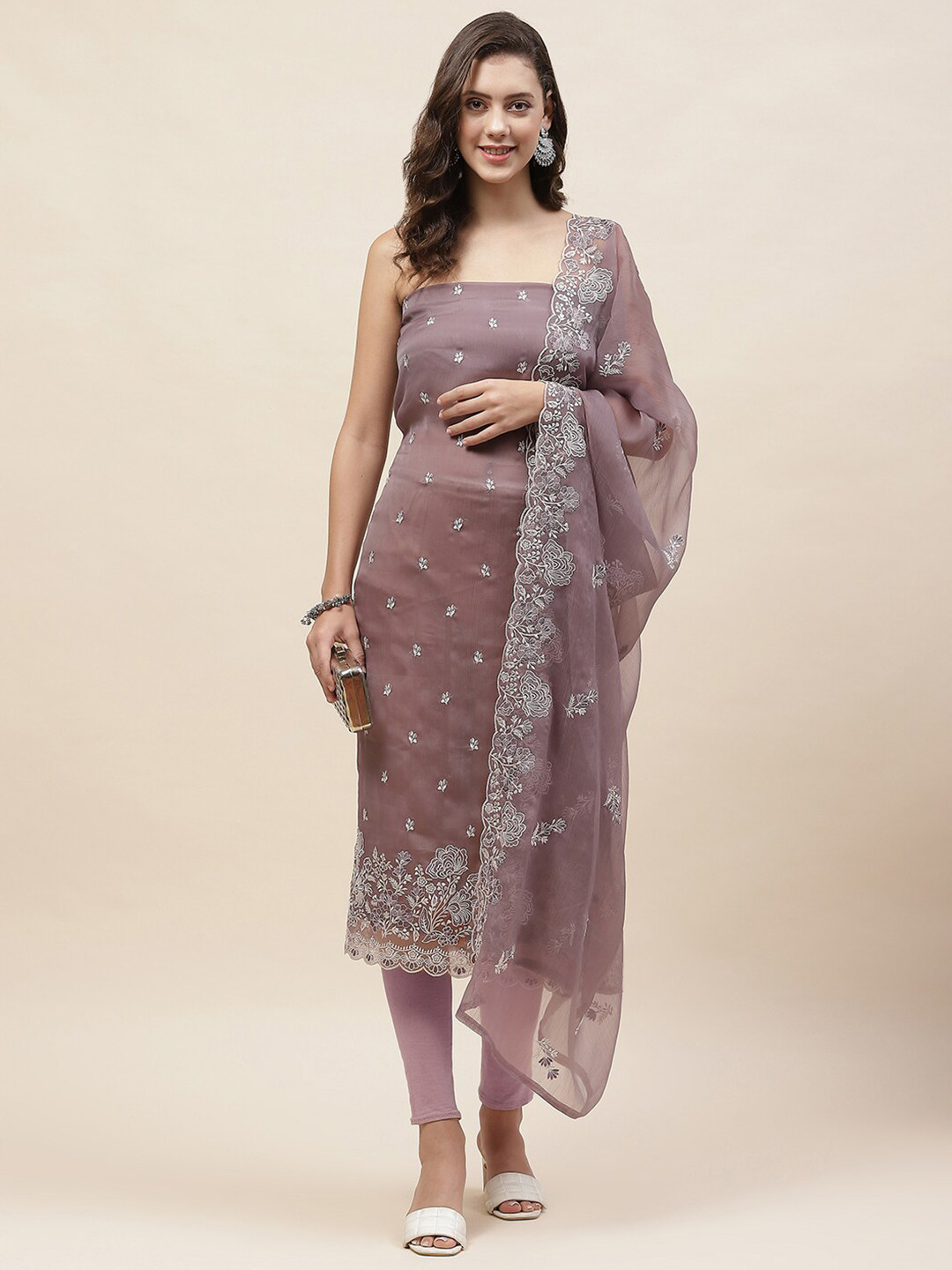 

Meena Bazaar Floral Embroidered Organza Unstitched Dress Material, Grey