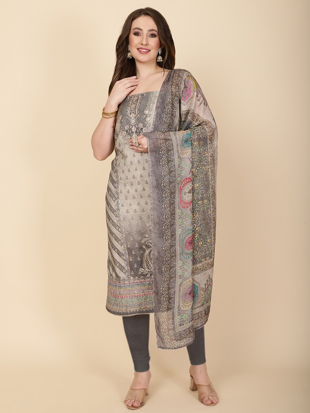 

Meena Bazaar Printed Art Silk Unstitched Dress Material, Grey