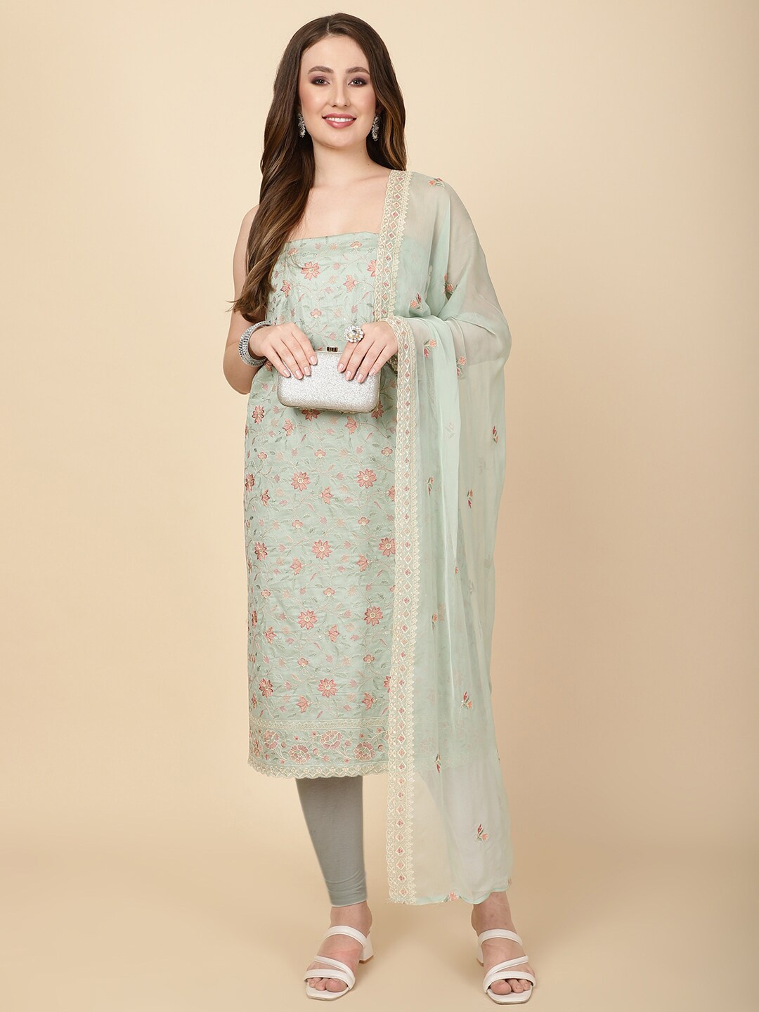 

Meena Bazaar Floral Embroidered Unstitched Dress Material, Green