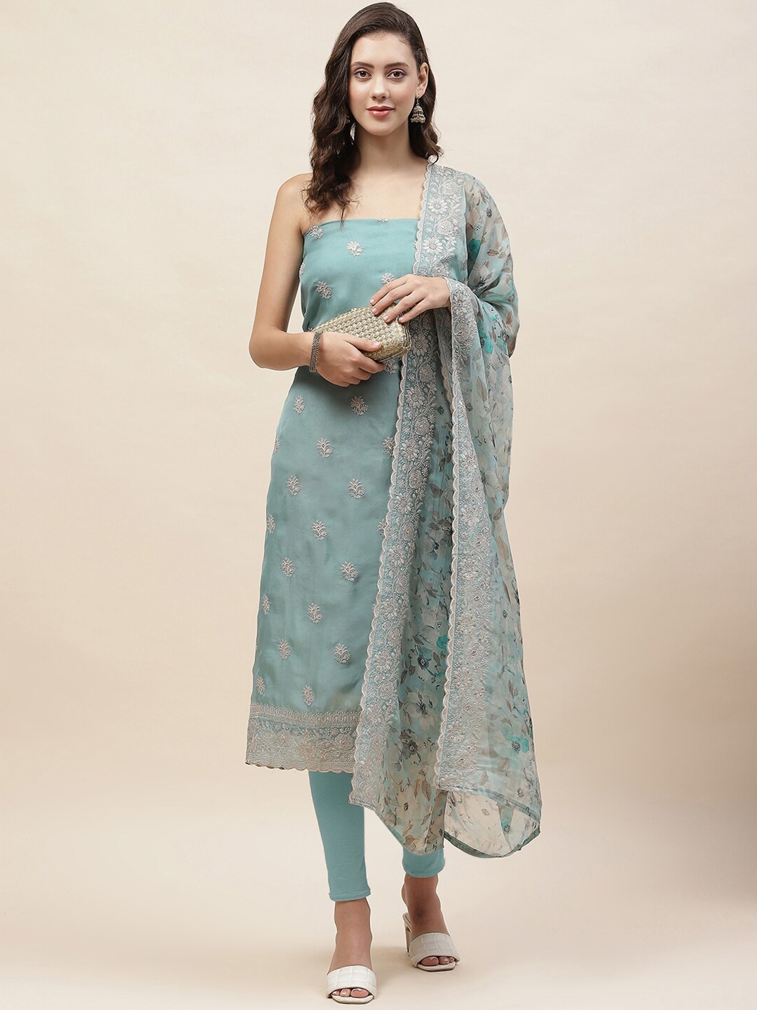

Meena Bazaar Floral Embroidered Organza Unstitched Dress Material, Blue