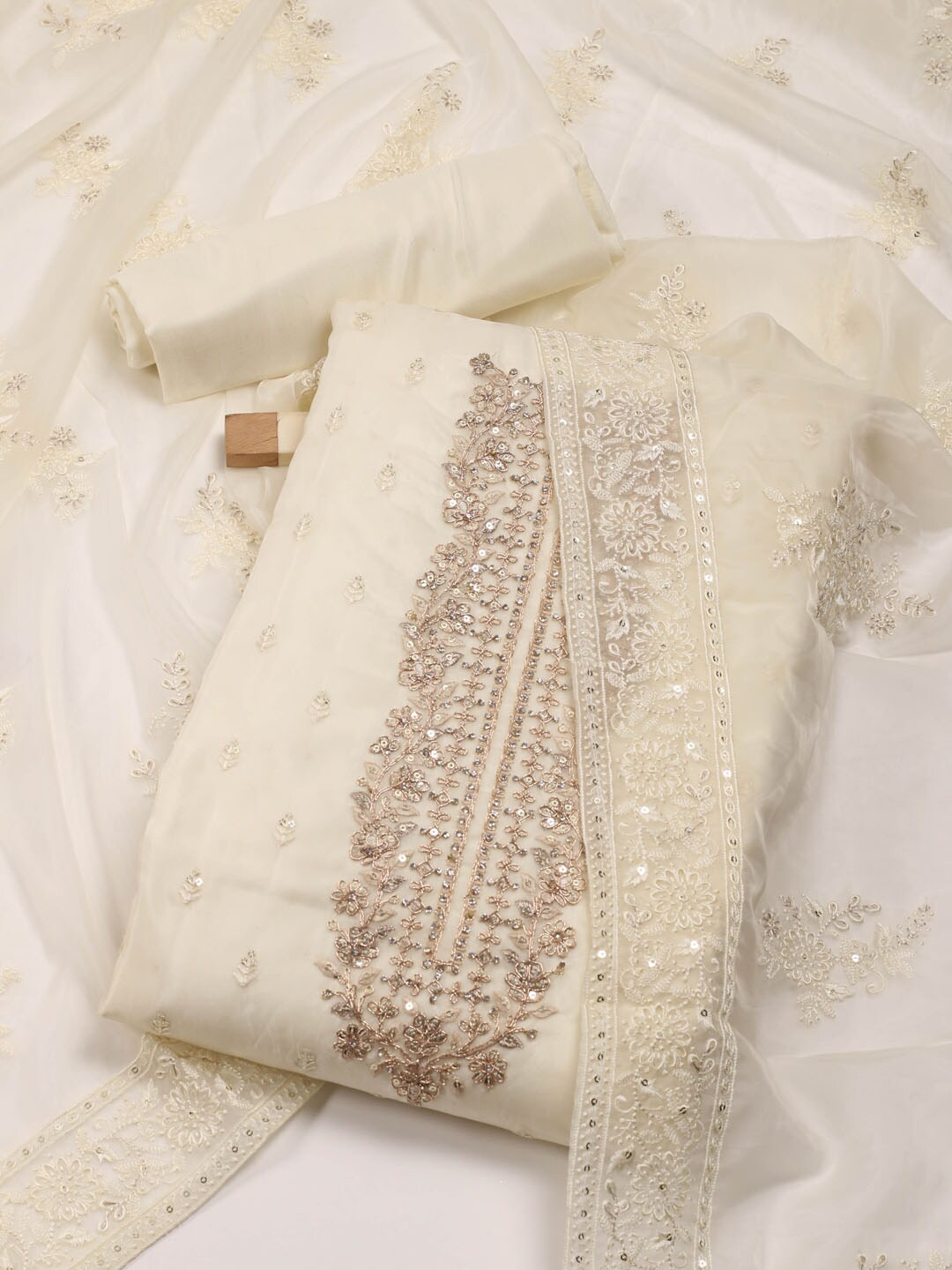 

Meena Bazaar Embroidered Organza Unstitched Dress Material, Cream
