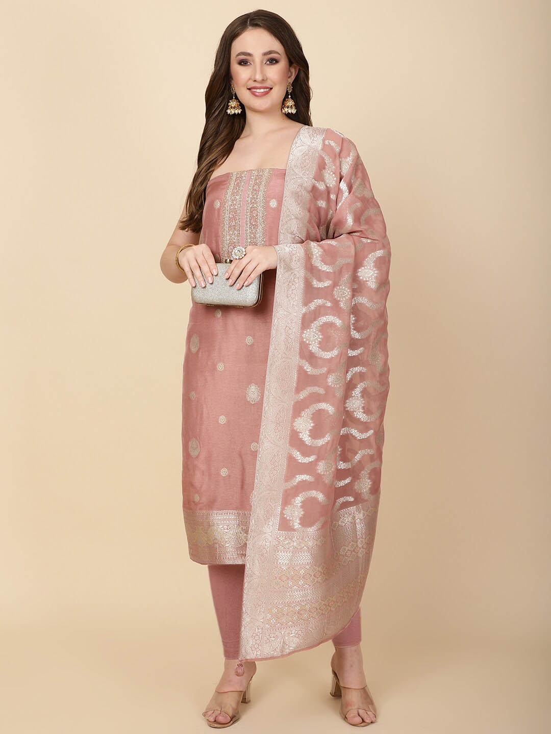 

Meena Bazaar Woven Design Unstitched Dress Material, Pink