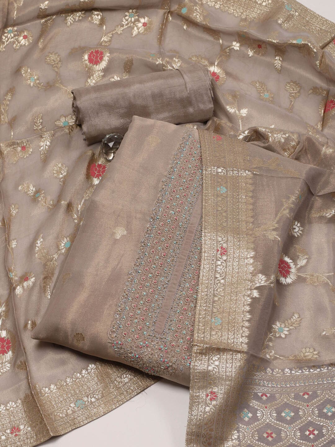 

Meena Bazaar Floral Woven Design Zari Unstitched Dress Material, Grey