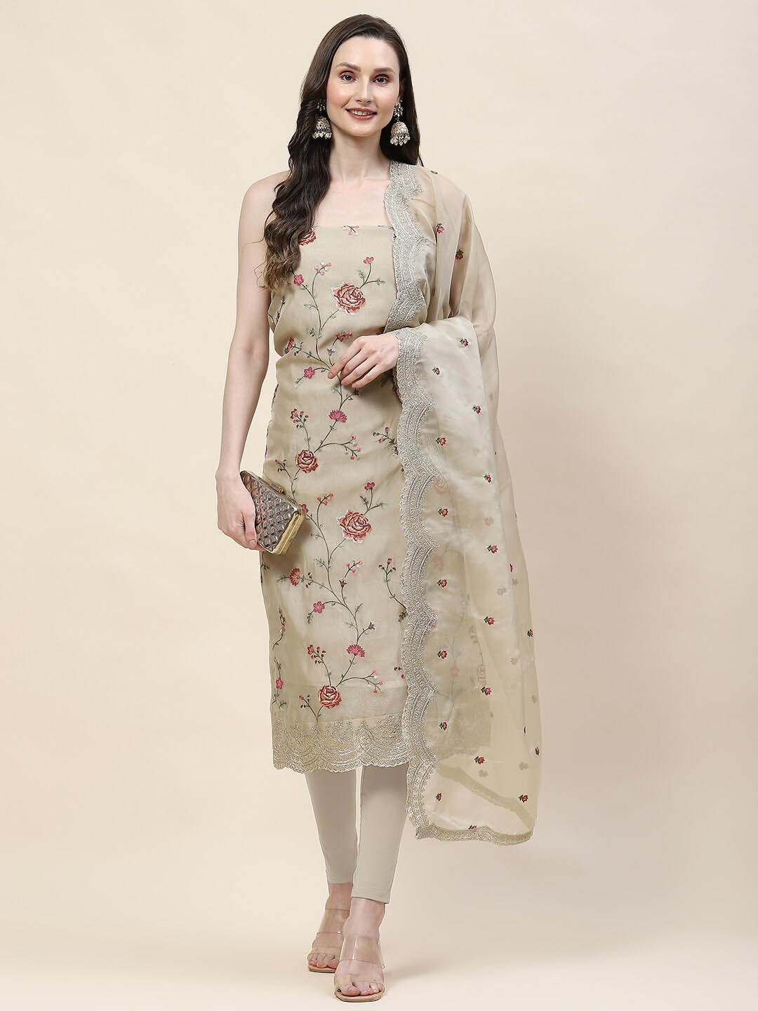 

Meena Bazaar Embroidered Organza Unstitched Dress Material, Beige