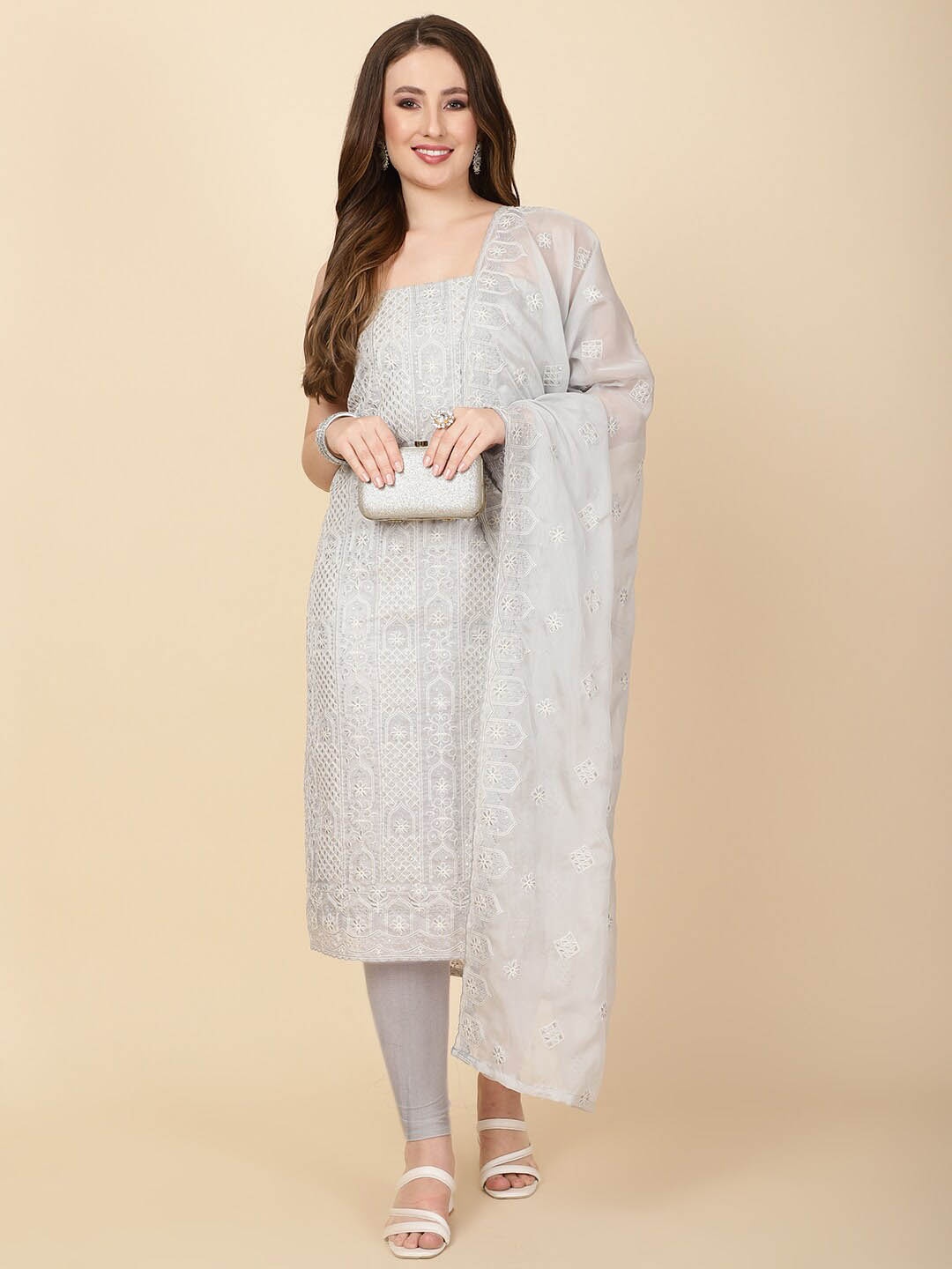 

Meena Bazaar Floral Embroidered Organza Unstitched Dress Material, Grey