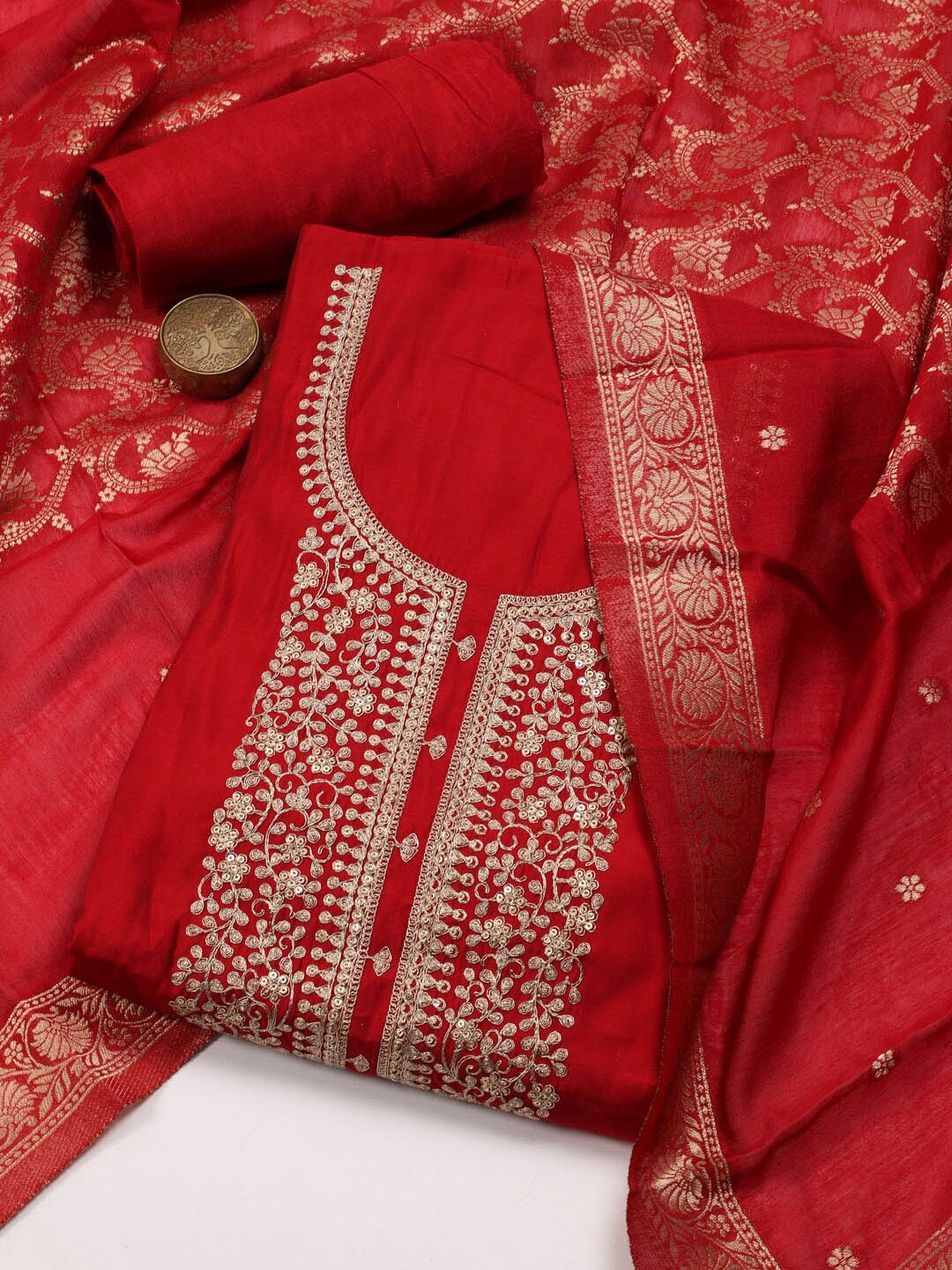 

Meena Bazaar Embroidered Art Silk Unstitched Dress Material, Red