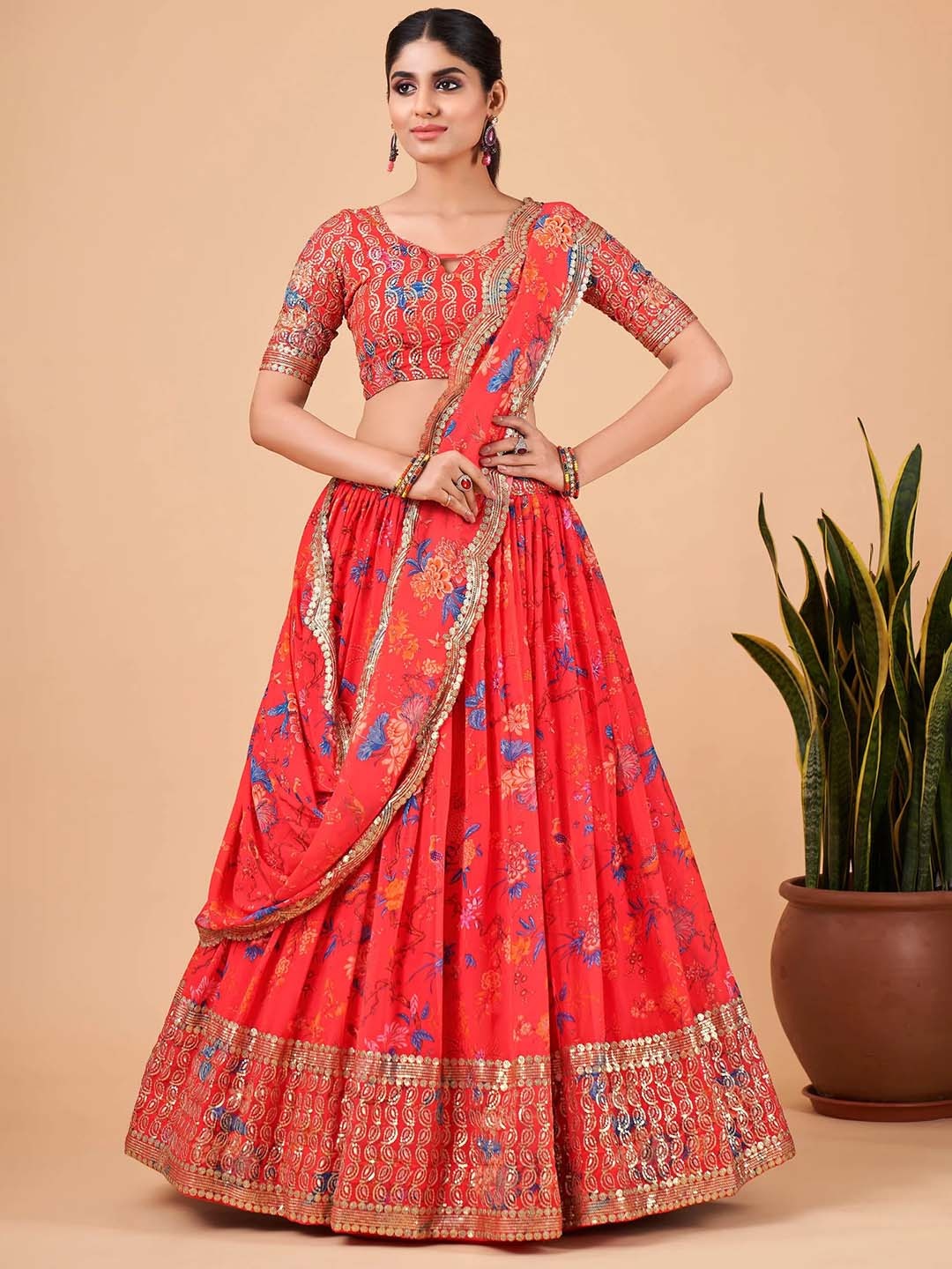 

Kaizen TEXO FAB Embroidered Semi-Stitched Lehenga & Unstitched Blouse With Dupatta, Red